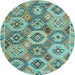 Round Machine Washable Southwestern Light Blue Country Rug, wshabs5232lblu