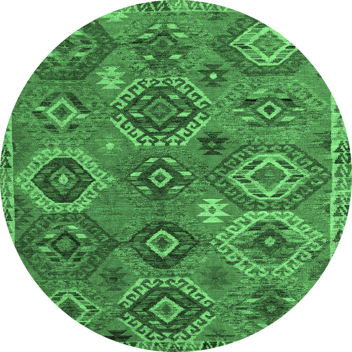 Round Machine Washable Southwestern Emerald Green Country Area Rugs, wshabs5233emgrn
