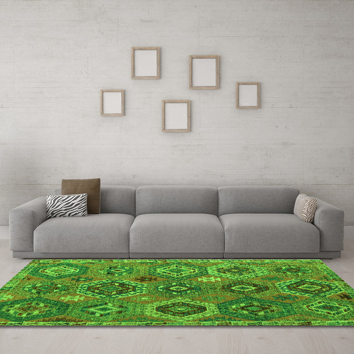 Machine Washable Southwestern Green Country Area Rugs in a Living Room,, wshabs5233grn