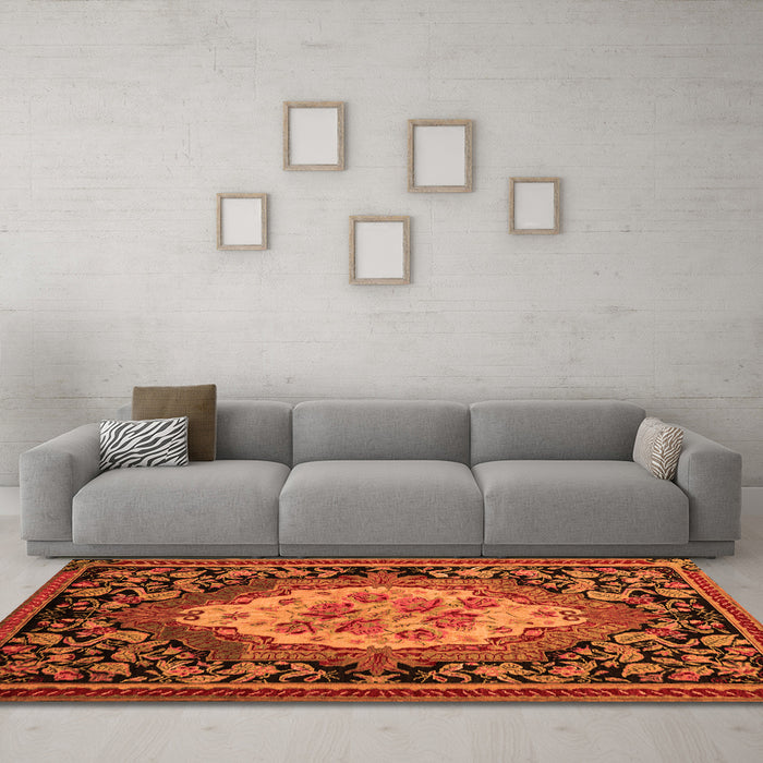 Machine Washable Medallion Orange French Area Rugs in a Living Room, wshabs5242org