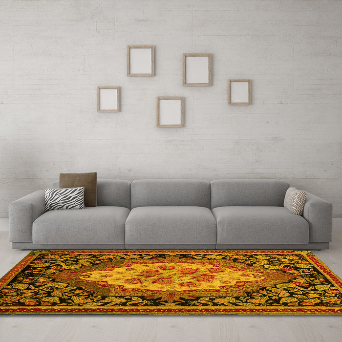 Machine Washable Medallion Yellow French Rug in a Living Room, wshabs5242yw