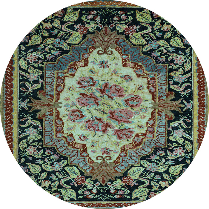 Round Machine Washable Medallion Light Blue French Rug, wshabs5242lblu