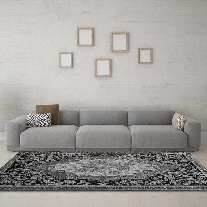 Machine Washable Medallion Gray French Rug in a Living Room,, wshabs5242gry