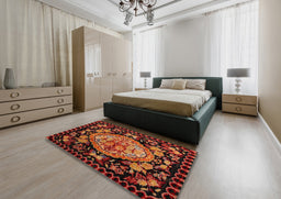 Abstract Chocolate Brown Medallion Rug in a Bedroom, abs5243