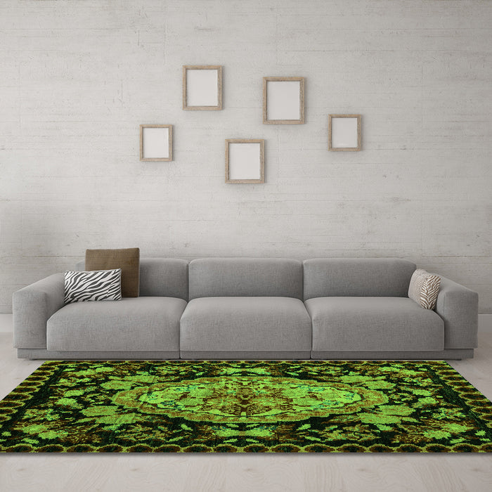 Machine Washable Medallion Green French Area Rugs in a Living Room,, wshabs5243grn