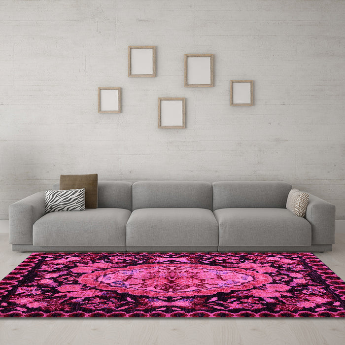 Machine Washable Medallion Pink French Rug in a Living Room, wshabs5243pnk