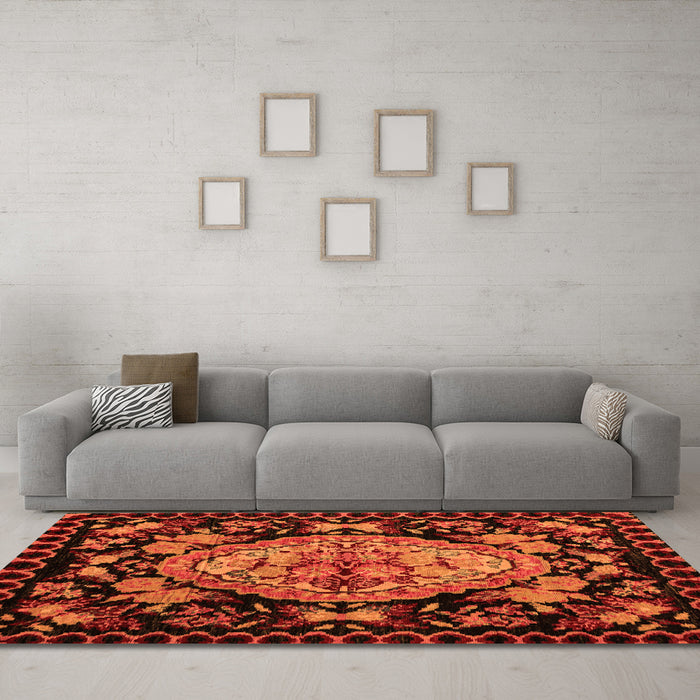 Machine Washable Medallion Orange French Area Rugs in a Living Room, wshabs5243org