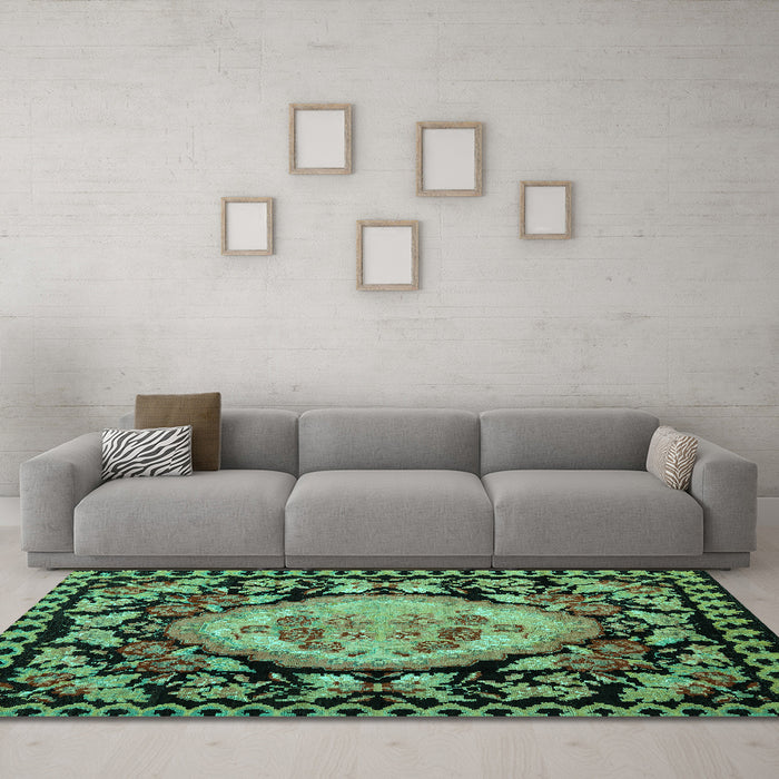 Machine Washable Medallion Turquoise French Area Rugs in a Living Room,, wshabs5244turq