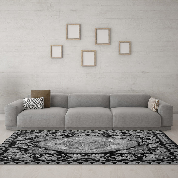 Machine Washable Medallion Gray French Rug in a Living Room,, wshabs5244gry