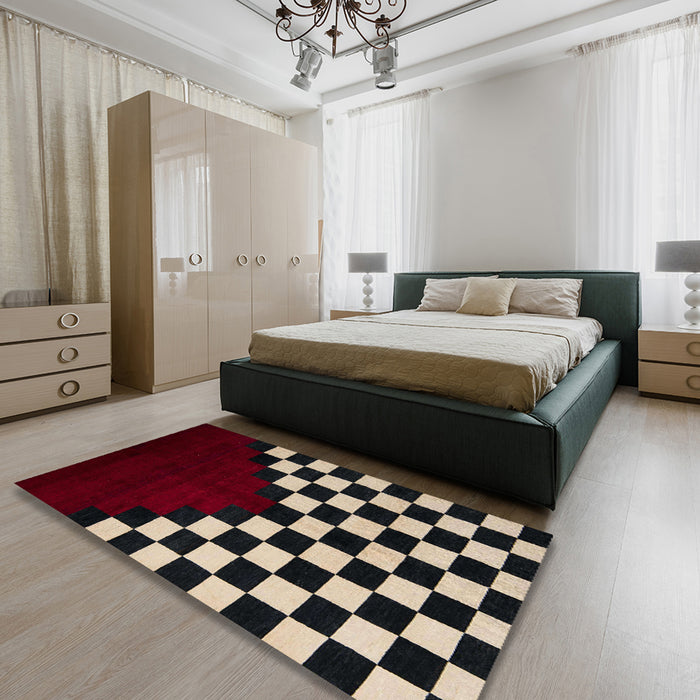 Abstract Khaki Green Modern Rug in a Bedroom, abs5252