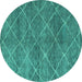 Round Machine Washable Abstract Turquoise Modern Area Rugs, wshabs5254turq