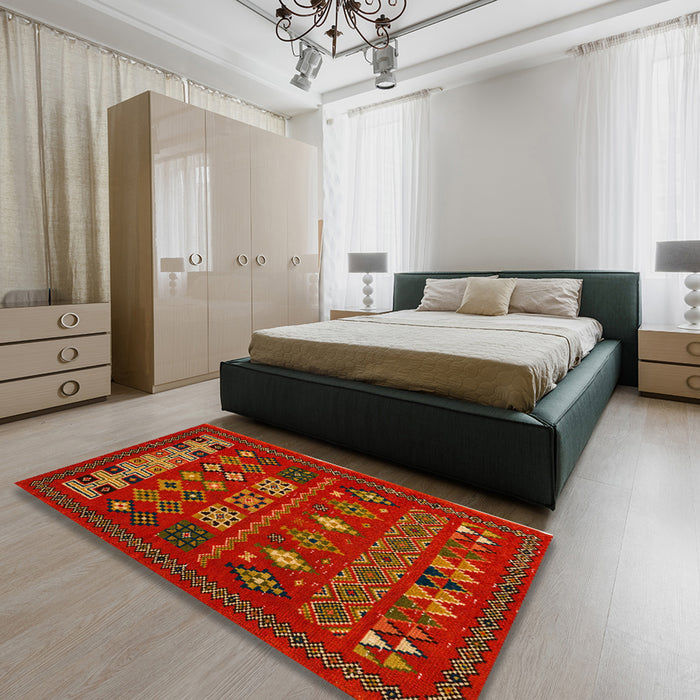 Abstract Light Brown Southwestern Rug in a Bedroom, abs5275