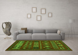 Machine Washable Southwestern Green Country Area Rugs in a Living Room,, wshabs5275grn