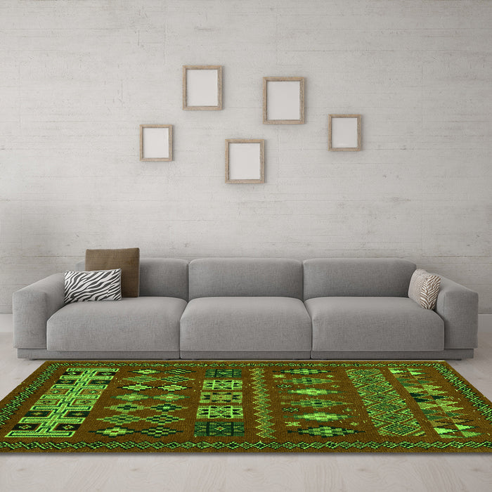 Machine Washable Southwestern Green Country Area Rugs in a Living Room,, wshabs5275grn