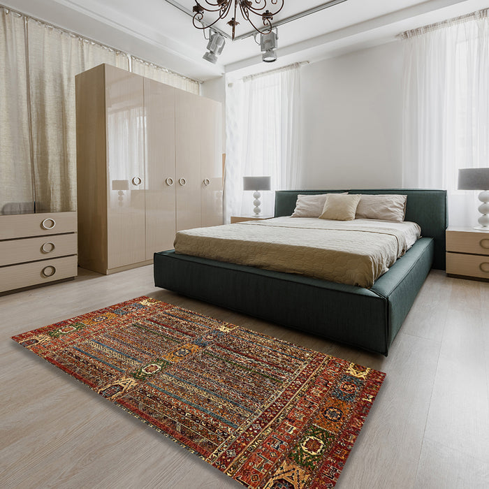 Abstract Orange Brown Modern Rug in a Bedroom, abs527
