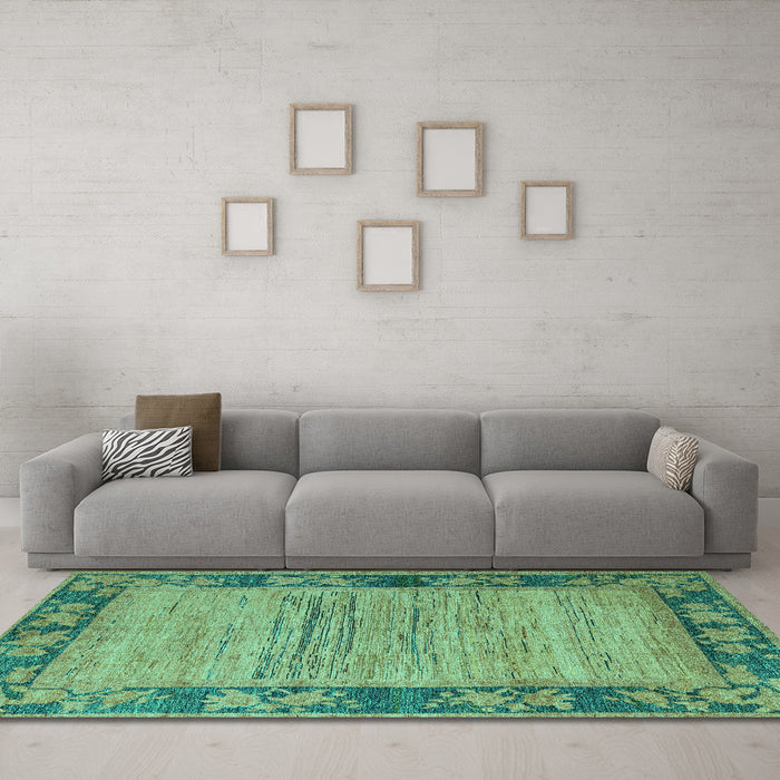 Machine Washable Oriental Turquoise Modern Area Rugs in a Living Room,, wshabs5285turq