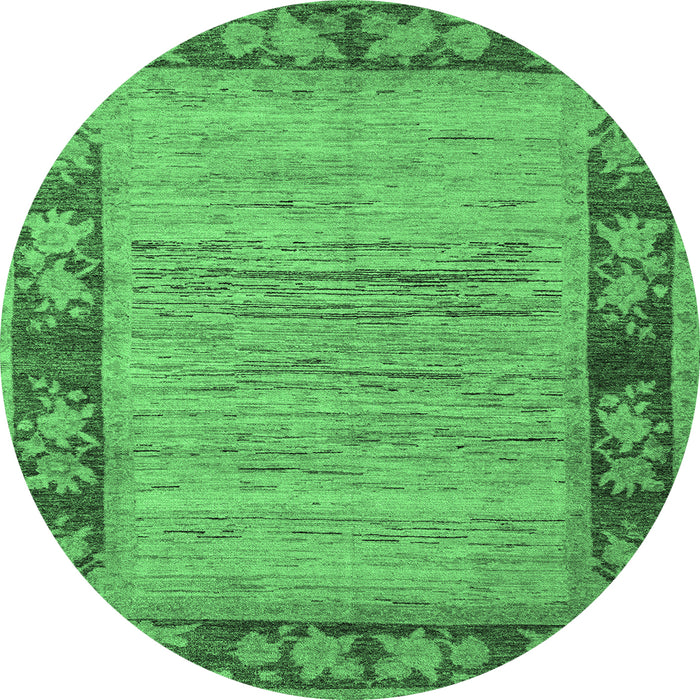 Round Machine Washable Oriental Emerald Green Modern Area Rugs, wshabs5285emgrn