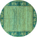 Round Machine Washable Oriental Turquoise Modern Area Rugs, wshabs5285turq