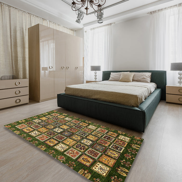 Abstract Copper Green Modern Rug in a Bedroom, abs528