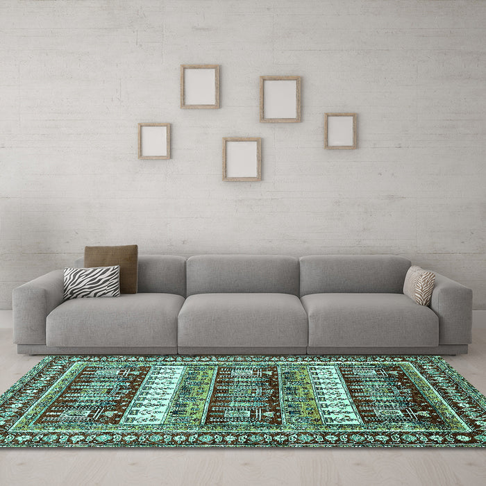 Machine Washable Abstract Turquoise Modern Area Rugs in a Living Room,, wshabs529turq