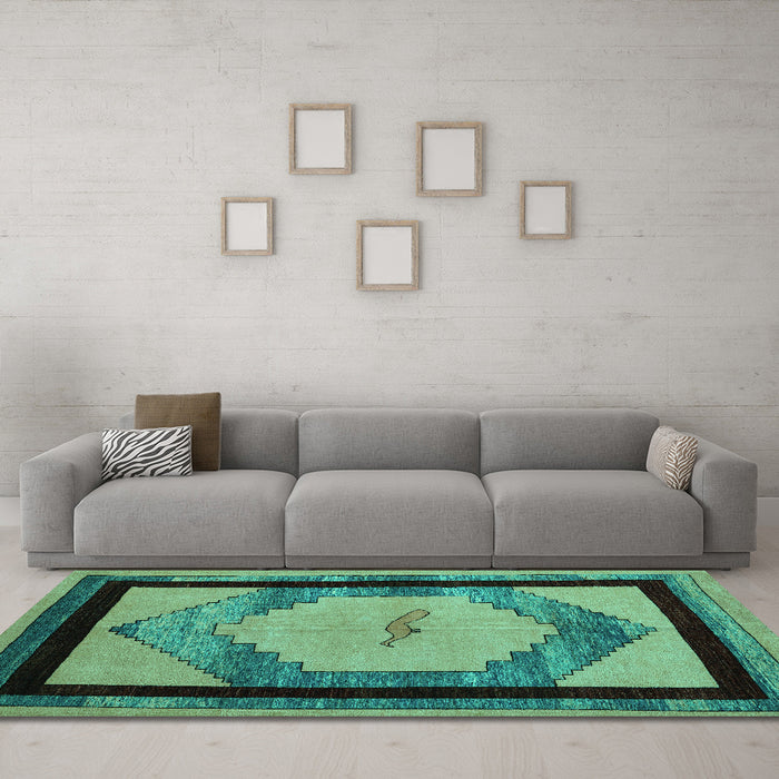 Machine Washable Abstract Turquoise Modern Area Rugs in a Living Room,, wshabs5304turq