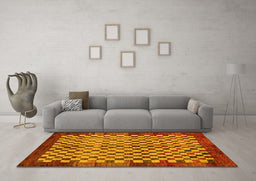 Machine Washable Checkered Yellow Modern Rug in a Living Room, wshabs5309yw
