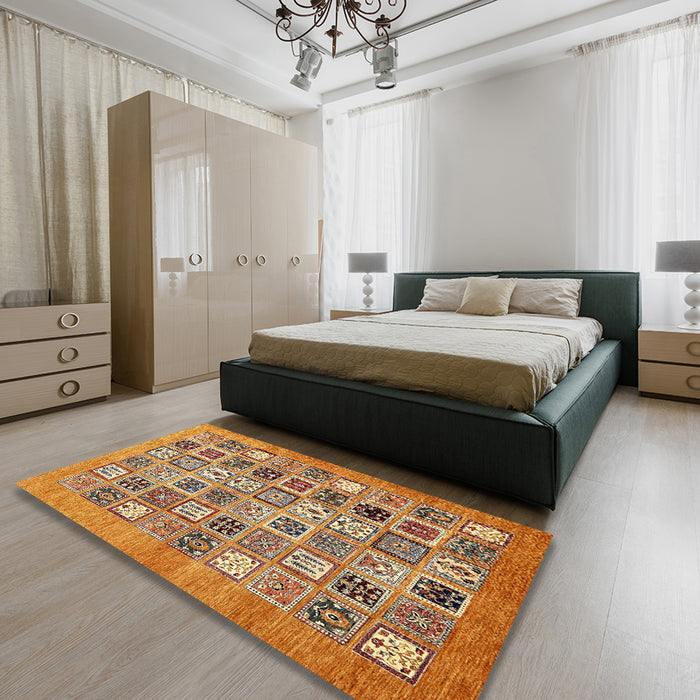 Abstract Yellow Orange Modern Rug in a Bedroom, abs530