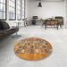 Round Machine Washable Abstract Yellow Orange Rug in a Office, wshabs530