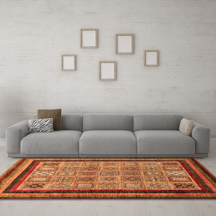 Machine Washable Abstract Orange Modern Area Rugs in a Living Room, wshabs531org