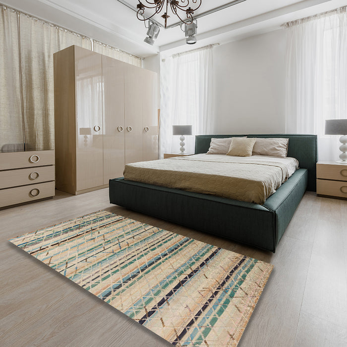 Abstract Khaki Green Modern Rug in a Bedroom, abs5345