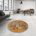 Round Abstract Yellow Orange Modern Rug in a Office, abs534