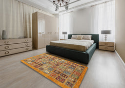 Abstract Yellow Orange Modern Rug in a Bedroom, abs534