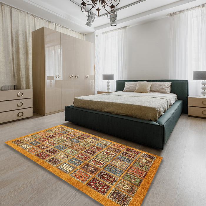 Abstract Yellow Orange Modern Rug in a Bedroom, abs534