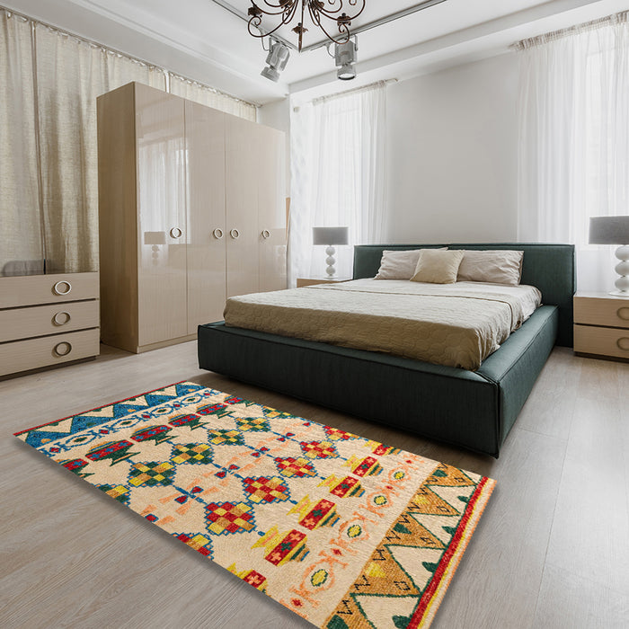 Abstract Yellow Modern Rug in a Bedroom, abs5357