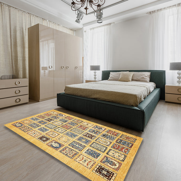 Machine Washable Abstract Chrome Gold Yellow Rug in a Bedroom, wshabs535