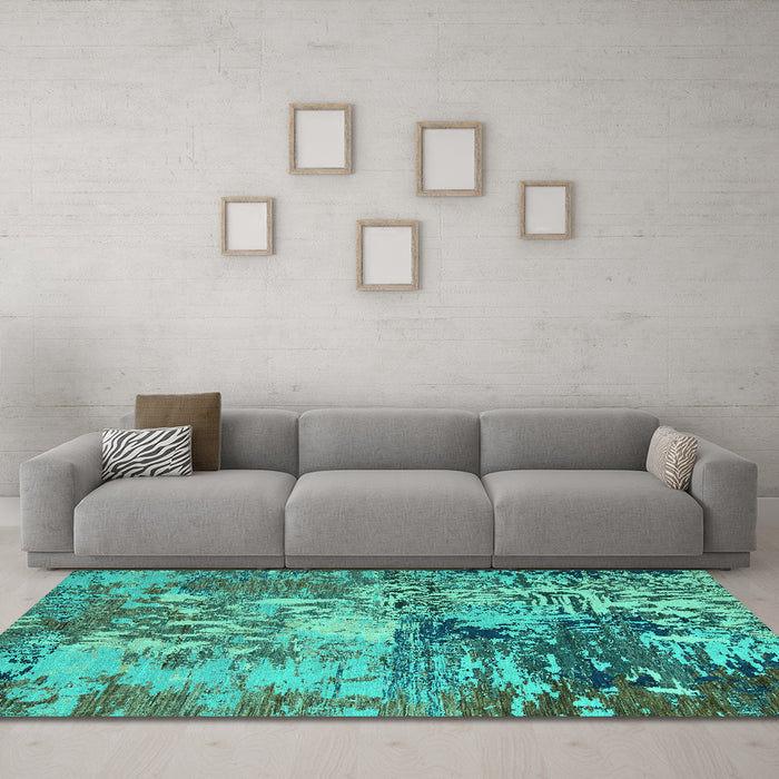 Machine Washable Abstract Turquoise Modern Area Rugs in a Living Room,, wshabs5372turq