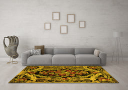 Machine Washable Medallion Yellow French Rug in a Living Room, wshabs5375yw