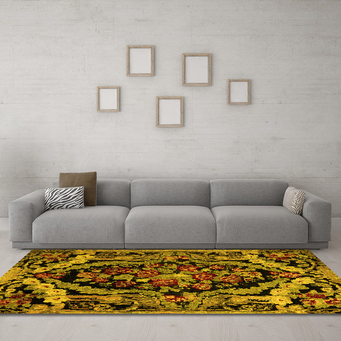 Machine Washable Medallion Yellow French Rug in a Living Room, wshabs5375yw