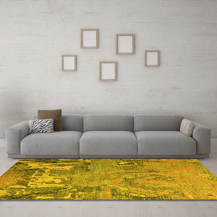 Machine Washable Abstract Yellow Modern Rug in a Living Room, wshabs5379yw