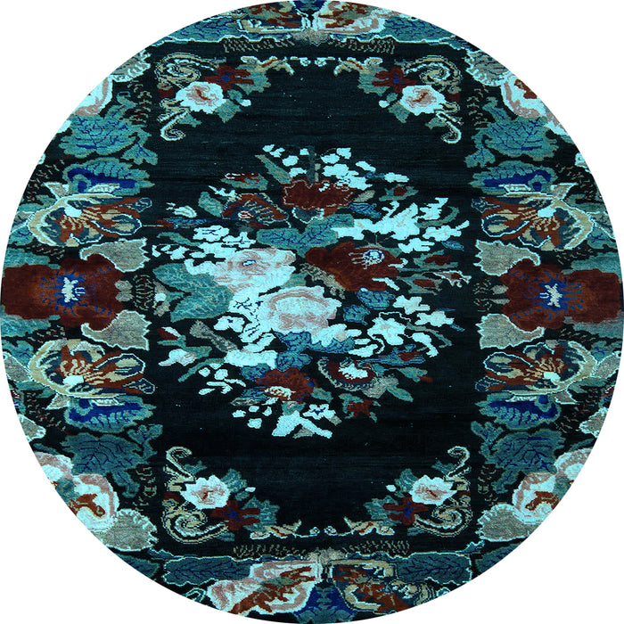 Round Machine Washable Medallion Light Blue French Rug, wshabs5381lblu