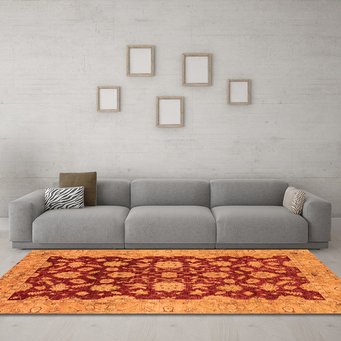 Machine Washable Abstract Orange Modern Area Rugs in a Living Room, wshabs53org