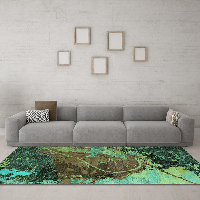 Machine Washable Abstract Turquoise Modern Area Rugs in a Living Room,, wshabs5400turq