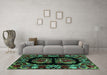 Machine Washable Medallion Turquoise French Area Rugs in a Living Room,, wshabs5402turq