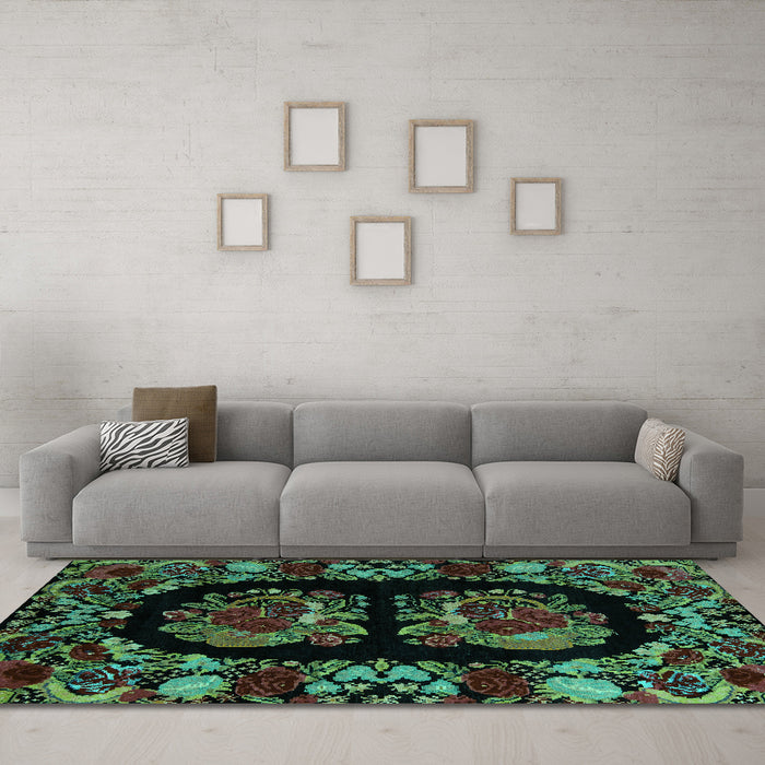 Machine Washable Medallion Turquoise French Area Rugs in a Living Room,, wshabs5402turq