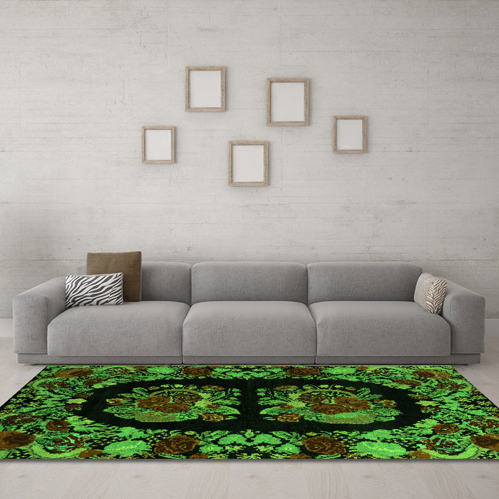 Machine Washable Medallion Green French Area Rugs in a Living Room,, wshabs5402grn