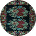 Round Machine Washable Medallion Light Blue French Rug, wshabs5403lblu