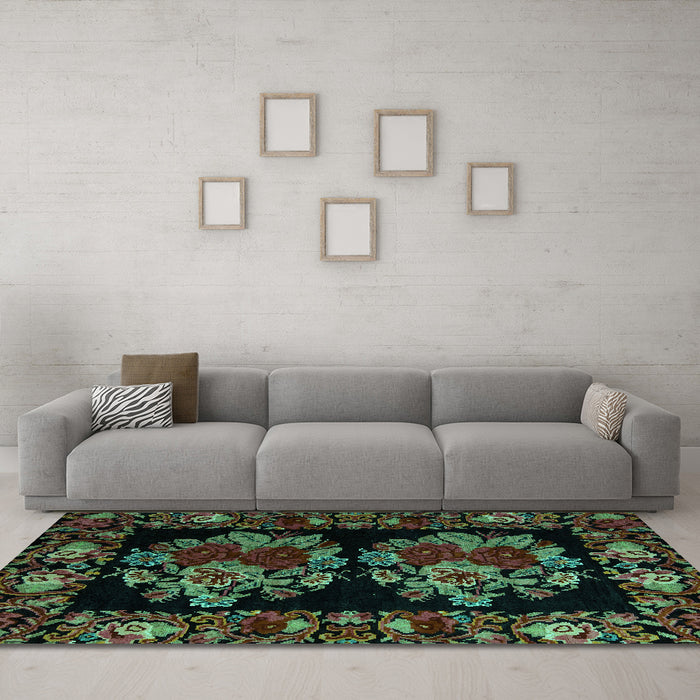 Machine Washable Medallion Turquoise French Area Rugs in a Living Room,, wshabs5403turq