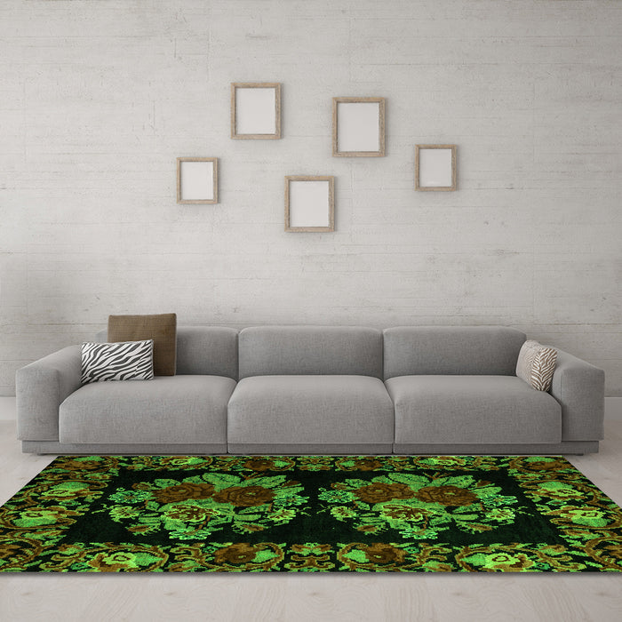 Machine Washable Medallion Green French Area Rugs in a Living Room,, wshabs5403grn