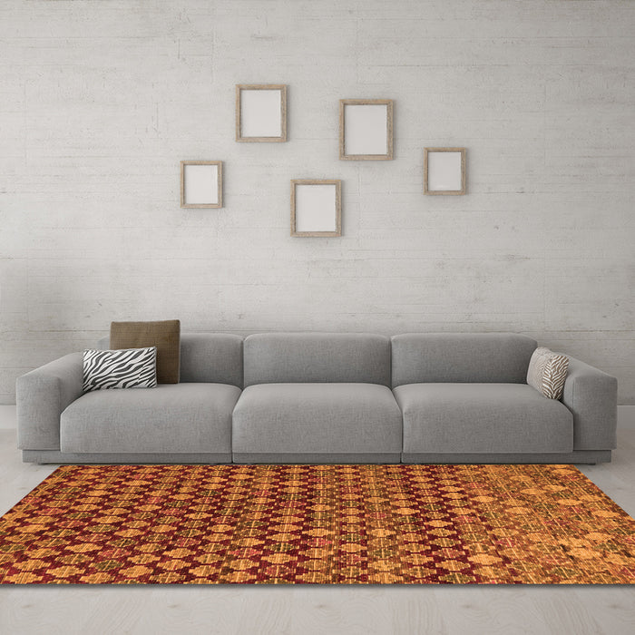 Machine Washable Abstract Orange Modern Area Rugs in a Living Room, wshabs5408org