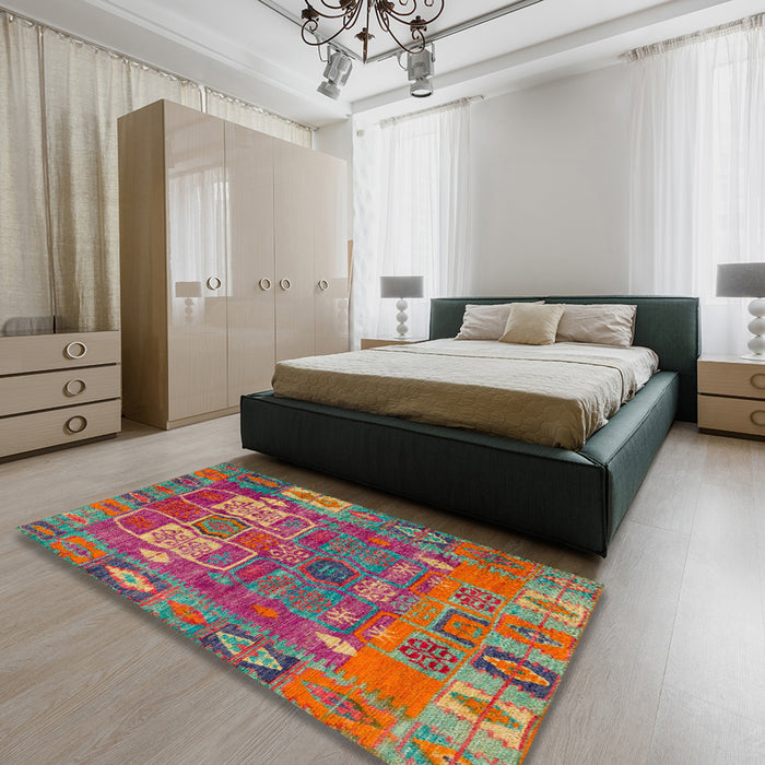 Abstract Khaki Green Modern Rug in a Bedroom, abs5411
